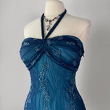 Dark Blue Fairy Mermaid Beaded Long Chiffon Formal Prom Evening Dress Wedding Guest Party Gown Dress Greek Halter Neck HZ1023