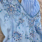 Beautiful light blue A-line strap blue delicate floral rhinestone sequin beaded backless long slit chiffon ball gown evening gown prom gown birthday party dress HZ1023