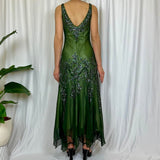 Green Vintage V Neck Elegant Exquisite Beaded Long Chiffon Ball Gown Evening Gown Party Dress Prom Gown HZ1023