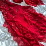 Red gorgeous fashion classy pretty exquisite beaded long chiffon ruffles handmade custom ball gown evening dress party dress HZ1023