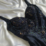 Dark Fairy Retro Navy Blue Fashion Elegant Beautiful Exquisite Gemstone Beaded Mid-Length Chiffon Ruffles Handmade Custom Prom Dress Evening Dress Party Dress Prom Dress HZ1023