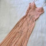 Pretty Vintage Peach Cream Delicate Silver Floral Sequin Beaded Long Chiffon Ball Gown Evening Gown Prom Dress Birthday Party Dress HZ1023