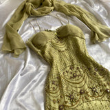 Green Gold Retro Fashion Beautiful Fantasy Exquisite Rhinestone Gemstone Beaded Spaghetti Straps Long Chiffon Lace Ball Gown Evening Party Dress Prom Dress HZ1023