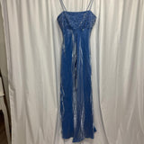 Blue Beautiful Vintage Fairy Long Satin Tulle Gown Delicately Beaded Spaghetti Straps Prom Dress Evening Party Dress Prom Dress HZ1023