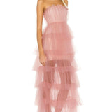 Pink fashion sweet A-line strapless long elegant layered tulle ball gown evening dress party dress HZ1023