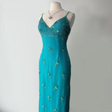 Blue fashion shiny elegant exquisite beading spaghetti straps long Tulle women's prom dress evening dress party dress HZ1023