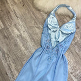 Beautiful light blue A-line strap blue delicate floral rhinestone sequin beaded backless long slit chiffon ball gown evening gown prom gown birthday party dress HZ1023