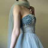 Blue Vintage Elegant Pearl Long Tulle Ball Gown Evening Gown Party Dress HZ1023