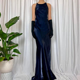 Dark Blue Sparkling Elegant Delicate Beaded Gorgeous Turtle Neck Long Satin Ball Gown Evening Gown Party Dress Prom Gown HZ1023