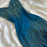 ???Vintage Blue Fashion Exquisite Silver Gold Beads Long Elegant Flowing Chiffon Ball Gown Evening Gown Party Dress Prom Gown HZ1023