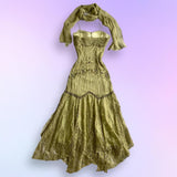 Green Gold Retro Fashion Beautiful Fantasy Exquisite Rhinestone Gemstone Beaded Spaghetti Straps Long Chiffon Lace Ball Gown Evening Party Dress Prom Dress HZ1023