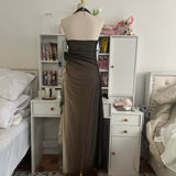 Brown and cream fashion gradient beautiful unique glitter maxi dress suspender vintage elegant long chiffon tulle ball gown evening dress party dress prom dress HZ1023