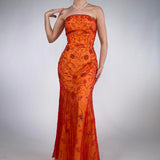 Beautiful Rare Vintage Orange Delicate Floral Sequin Beaded Backless Long Tulle Chiffon Ball Gown Evening Dress Prom Dress Birthday Party Dress HZ1023