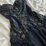 Dark Fairy Retro Navy Blue Fashion Elegant Beautiful Exquisite Gemstone Beaded Mid-Length Chiffon Ruffles Handmade Custom Prom Dress Evening Dress Party Dress Prom Dress HZ1023