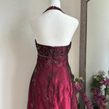 Burgundy Gorgeous Exquisite Beading Elegant Strap Long Satin Tulle Ball Gown Evening Dress Party Dress HZ1023