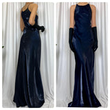 Dark Blue Sparkling Elegant Delicate Beaded Gorgeous Turtle Neck Long Satin Ball Gown Evening Gown Party Dress Prom Gown HZ1023