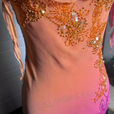 Orange Gradient Exquisite Beaded Spaghetti Strap Midi Chiffon Slim Ball Gown Evening Dress Party Dress Prom Dress HZ1023