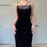 Vintage Black Velvet Gorgeous Exquisite Beading Elegant Spaghetti Strap Long Velvet Ball Gown Evening Dress Birthday Party Dress Prom Dress HZ1023