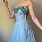 Blue Vintage Elegant Pearl Long Tulle Ball Gown Evening Gown Party Dress HZ1023