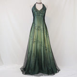 Green Vintage Ombre Floral Beaded Empire Waist Halter Long Chiffon Tulle prom dress Evening Gown Party Dress HZ1023