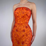 Beautiful Rare Vintage Orange Delicate Floral Sequin Beaded Backless Long Tulle Chiffon Ball Gown Evening Dress Prom Dress Birthday Party Dress HZ1023