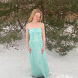 Green Gorgeous Sparkly Elegant Delicate Beaded Spaghetti Strap Long Tulle Chiffon Ball Gown Evening Gown Party Dress Prom Gown HZ1023