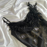 ????Black Vintage Glam Rock Unique Fashion Beautiful Elegant Exquisite Gold Stud Beads Long Satin Ball Gown Evening Gown Birthday Party Dress Prom Dark Fairy/Black Swan HZ1023