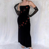 Black Vintage Elegant Delicate Rose Floral Beaded Long Velvet Ball Gown Evening Gown Birthday Party Gown Prom Gown HZ1023