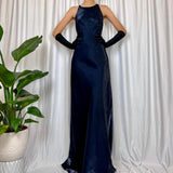 Dark Blue Sparkling Elegant Delicate Beaded Gorgeous Turtle Neck Long Satin Ball Gown Evening Gown Party Dress Prom Gown HZ1023