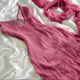 Pink gorgeous exquisite elegant beaded long chiffon ruffled ball gown, evening dress, party dress HZ1023