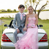 Pink strapless exquisite applique mermaid long tulle ball gown evening dress HZ1023