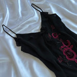 Black Elegant Delicate Red Rose Floral Beaded Long Chiffon Ball Gown Evening Dress Party Dress Prom Dress HZ1023