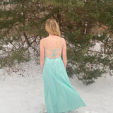 Green Gorgeous Sparkly Elegant Delicate Beaded Spaghetti Strap Long Tulle Chiffon Ball Gown Evening Gown Party Dress Prom Gown HZ1023