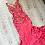 Pink Stunning Vintage Flowing Elegant Delicate Beaded Open Back Long Floor Length Mermaid Style Skirt Satin Ball Gown Evening Gown Birthday Party Gown Prom Gown HZ1023