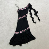 Black Gorgeous Elegant Delicate Pink Embroidered Appliqu¨¦ Beaded One Shoulder Long Chiffon Ruffled Sequin Ball Gown Birthday Party Dress Evening Gown Prom Gown Holiday Date Night Gown HZ1023