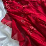 Red gorgeous fashion classy pretty exquisite beaded long chiffon ruffles handmade custom ball gown evening dress party dress HZ1023