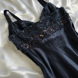 Dark Fairy Retro Navy Blue Fashion Elegant Beautiful Exquisite Gemstone Beaded Mid-Length Chiffon Ruffles Handmade Custom Prom Dress Evening Dress Party Dress Prom Dress HZ1023