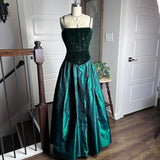 Dark Green Velvet Vintage Elegant Exquisite Beaded Corset Long Satin Floor Length Prom Dress Evening Dress Party Dress Graduation Dress HZ1023