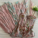 Pale Pink and Blue Flowing Vintage Fashion Mermaid Beaded Bodice Beaded with Sequins Beautiful Unique Glitter Elegant Long Chiffon Tulle Ball Gown Evening Gown Party Dress Prom Gown HZ1023