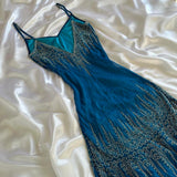 ???Vintage Blue Fashion Exquisite Silver Gold Beads Long Elegant Flowing Chiffon Ball Gown Evening Gown Party Dress Prom Gown HZ1023