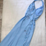 Beautiful light blue A-line strap blue delicate floral rhinestone sequin beaded backless long slit chiffon ball gown evening gown prom gown birthday party dress HZ1023