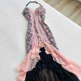 Pink Fashion Suspender Exquisite Lace Long Ruffled Ball Gown Evening Dress Party Dress HZ1023
