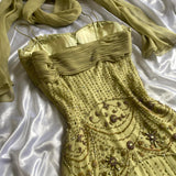 Green Gold Retro Fashion Beautiful Fantasy Exquisite Rhinestone Gemstone Beaded Spaghetti Straps Long Chiffon Lace Ball Gown Evening Party Dress Prom Dress HZ1023