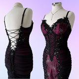 Berry pink stunning vintage fashion pleated mesh midi length elegant lace ball gown evening dress birthday party dress prom dress HZ1023