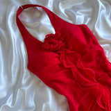 Red beautiful fashion unique elegant floral sling long chiffon tassel ruffle prom dress evening dress party dress HZ1023