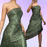Forest Green Retro Fashion One Shoulder Absolutely Stunning Delicate Beaded Beaded Fairy Midi Green Sequin Silver White Floral Embroidered Long Chiffon Ball Gown Evening Gown Party Dress Prom Gown HZ1023