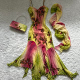 Pink Green Gradient Fashion Elegant Exquisite Beaded Spaghetti Strap Chiffon Long Ruffled Ball Gown Evening Dress Party Dress Prom Dress HZ1023