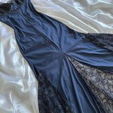 Blue gorgeous exquisite applique lace spaghetti straps long satin prom dress evening dress party dress HZ1023