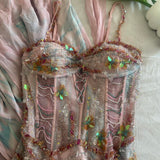 Pale Pink and Blue Flowing Vintage Fashion Mermaid Beaded Bodice Beaded with Sequins Beautiful Unique Glitter Elegant Long Chiffon Tulle Ball Gown Evening Gown Party Dress Prom Gown HZ1023