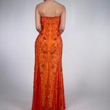 Beautiful Rare Vintage Orange Delicate Floral Sequin Beaded Backless Long Tulle Chiffon Ball Gown Evening Dress Prom Dress Birthday Party Dress HZ1023
